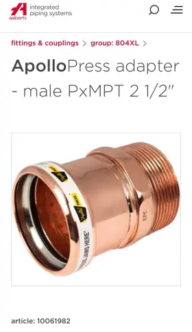 10061982 APOLLO Propress Mpt Male Copper Pipe Adapter Fitting