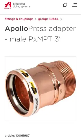 10061987 APOLLO Propress Mpt Male Copper Pipe Adapter Fitting