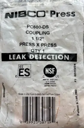 PC600-DS NIBCO Copper Straight Press Coupling Leak Detection