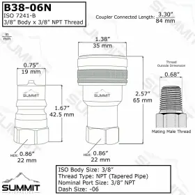 B38M-06N SUMMIT HYDRAULICS Npt Disconnect Male Coupler Dust
