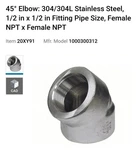 1/2" Stainless Steel 45 Elbow Female Npt Sa/a182 F304l Penn Usa Forged Fitting. Fixed Price $50.00.
