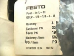 Qty 4 - Festo Qslv-1/4 X 1/4-u Push In "l" Fitting Nib. Fixed Price $15.00.
